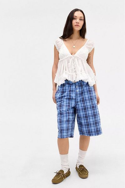 september island Blue Black Plaid Oversize Cargo Long Shorts
