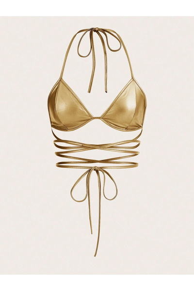 PİNKSTORE Золотистий блискучий бюстгальтер – сексуальний кроп-топ з обв'язкою