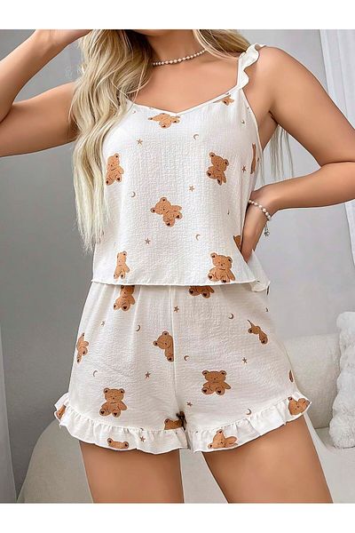 lovenue lingerie Women's Cotton Strap Shorts Pajama Set - Teddy Bear Pattern