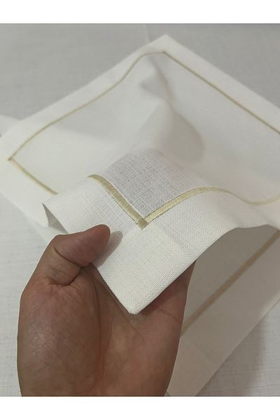 Zeren Home Polyester Linen Gold Piko Detailed Off-White Carefree Tablecloth + 6 Napkins