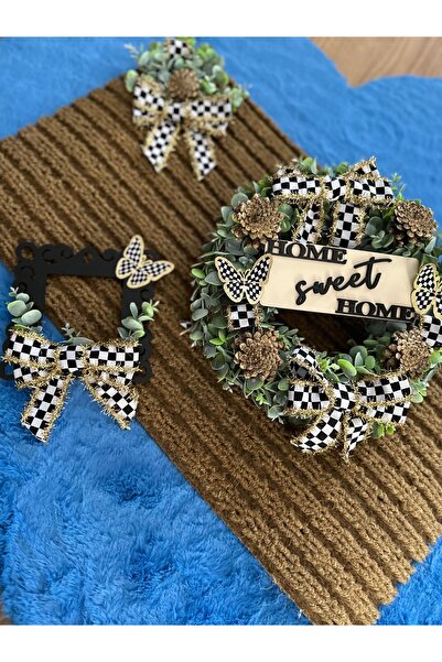 Marrone | Home Sweet Home Kapı Süsü, Priz Çerçevesi ve Paspas Takımı | Siyah Beyaz Desenli Dekoratif Set”