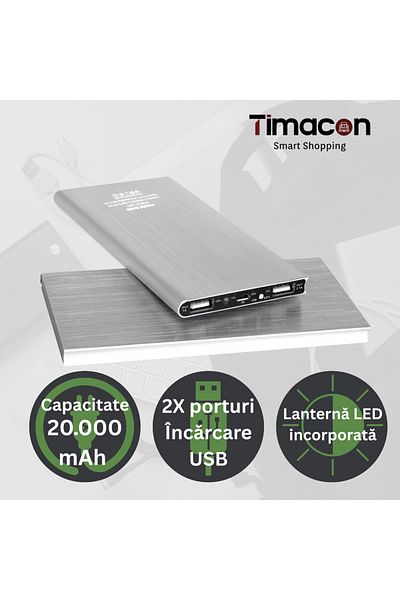 Tim External battery, Timacon, 20000, slim, aluminum, silver