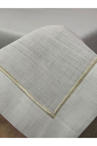 Zeren Home Polyester Linen Gold Pico Detailed Off-White Carefree Table Cloth