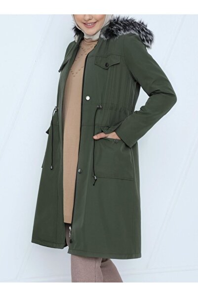 Genel Markalar Çıkma Kapşonlu Bağcıklı Bondit Kısa Kaban -Haki -COLLECTION