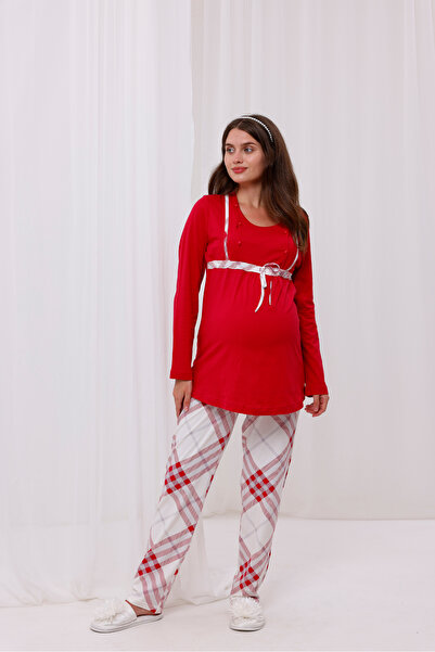 Yulem Homewear Cherry Plaid Patterned Cotton Maternity Maternity Pajama Set with Breastfeeding Feature 3-Piece Pajama Set