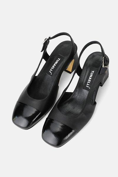 TUNAELLİ Women's Black Genuine Leather 35-41 Number Medium Heel Back Open Square Toe Shoes