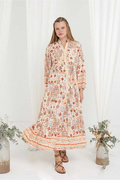 Soul Women's Floral Patterned Comfortable Fit Lined Dress Ecru/Orange 32352