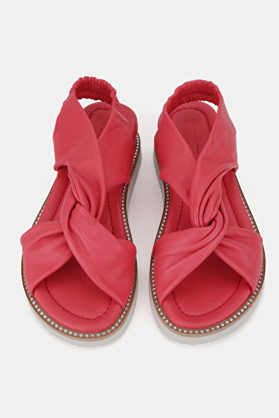 TUNAELLİ Women's Red Genuine Leather 36-41-42 Number Flat Wedge Heel Band Sandals