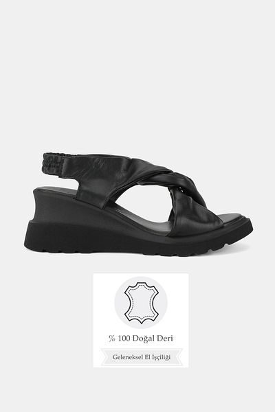 TUNAELLİ Women's Black Genuine Leather 36-41 Number Flat Filled Mid-Heel Band Sandals