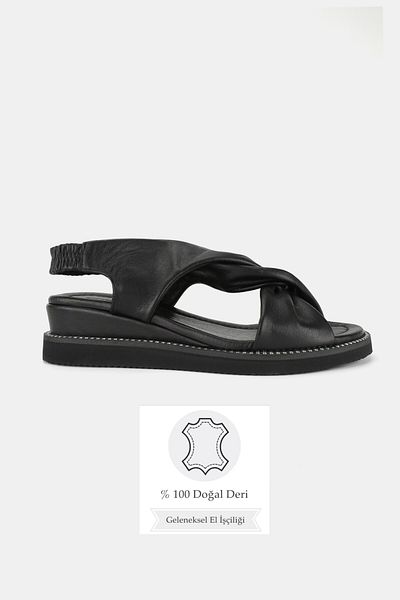 TUNAELLİ Women's Black Genuine Leather 36-41-42 Number Flat Wedge Heel Band Sandals