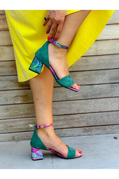 BERFONA Eliza Emerald Green Suede Colorful Snake Detail Sandals