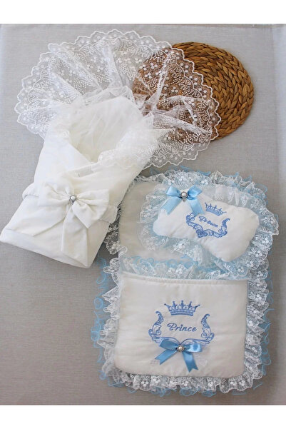 SepetBudur Newborn Nile Crown Embroidered Swaddle Trilux 3-Piece Bottom Opening Set Blue