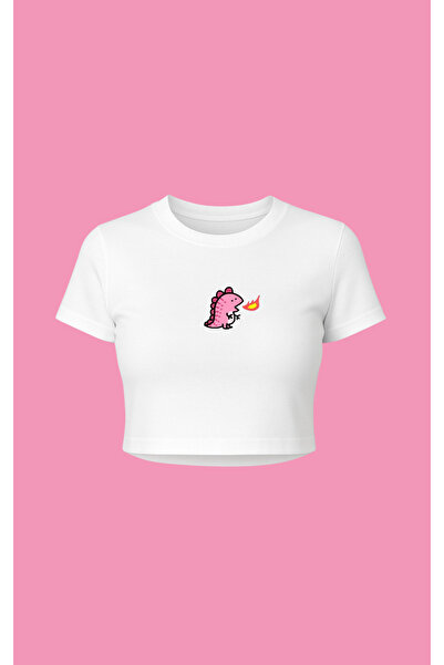 Altair Tr تي شيرت أبيض قصير من نوع بينترست مطبوع عليه ديناصور وردي ديناصور وردي