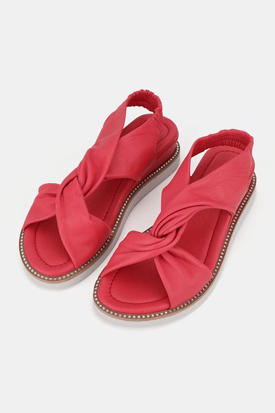 TUNAELLİ Women's Red Genuine Leather 36-41-42 Number Flat Wedge Heel Band Sandals