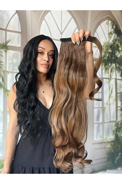 Suzan Peruk Açık Kumral Dalgalı At Kuyruğu Gerçek saç dokusunda-Bağlamalı Pos...