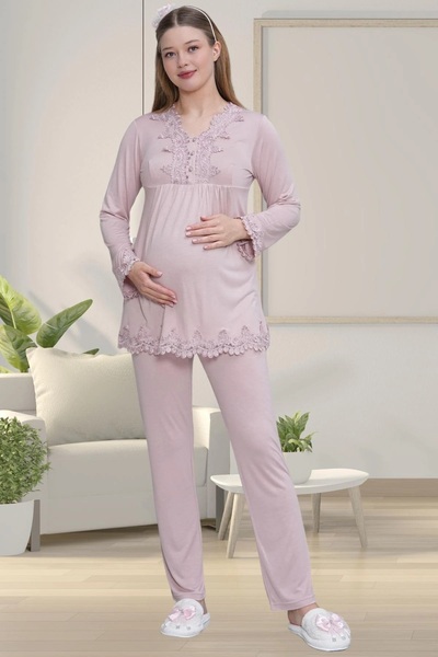 BLACKMORE Women's Dusty Rose Special Lace Design Long Maternity Nightgown-Dressing Gown and Pajamas Set Set of 4