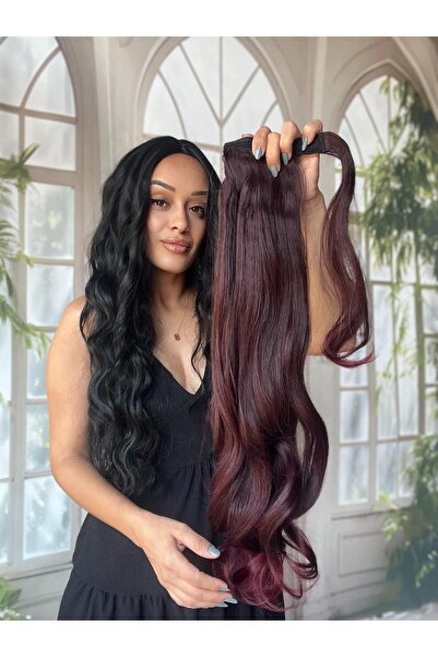 Suzan Peruk Koyu Kızıl Dalgalı At Kuyruğu Gerçek saç dokusunda-Bağlamalı Post...