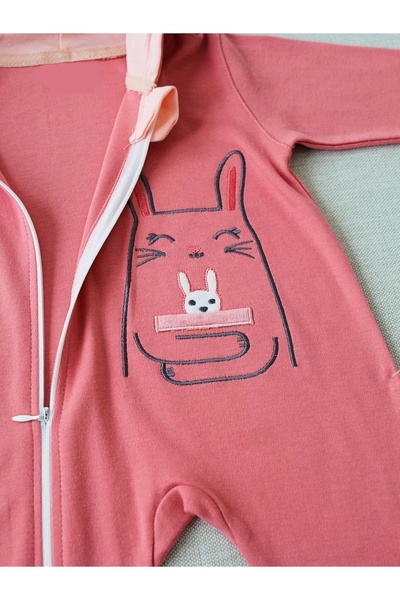 SGDİKEN BUTİK 6-9 9-12 Months Ef Line Size Zippered Rabbit Embroidered Hooded Baby Romper for Girls Boys Rose Dried