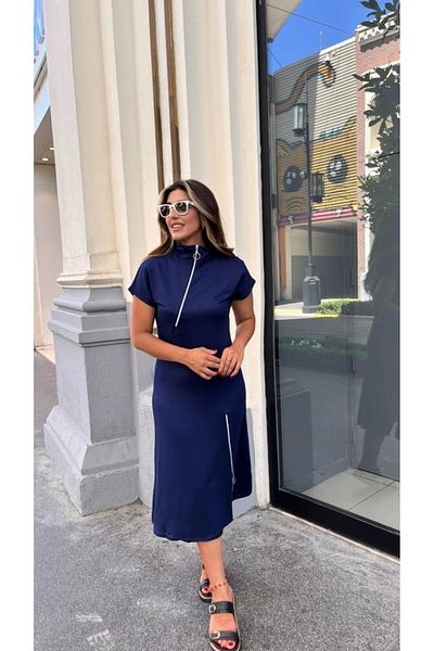 BÜŞRA TEZEL MODA Women's Short Sleeve Collar and Hem Zippered Midi Viscose Two Thread Dress