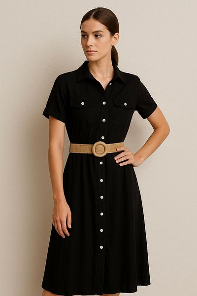 Noi Belis Rochie neagră subțire cu guler polo cu centură SS25EL0046