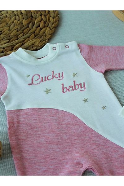 Skygo 0-3 3-6 Months Lucky Baby Embroidered Pink Girl Baby Romper with Striped Hat