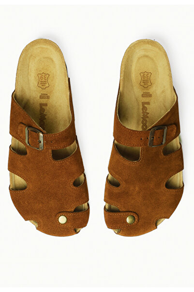 Lemoors Diego Natural Cork Sole Inside and Outside Genuine Suede Leather Cinnamon Color Sabo Slippers
