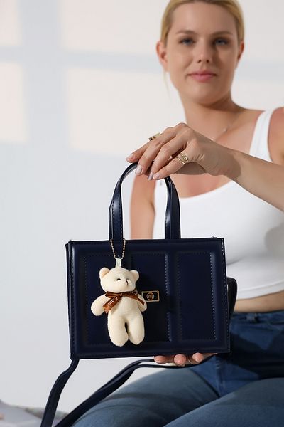 Encool Navy Blue Women's Small Size Box Model Teddy Bear Accessory Cross Strap Shoulder and Hand Bag