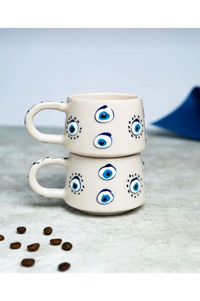 RGS HOMELİFE Set of 2 Handmade Evil Eye Bead Patterned Mug Cups