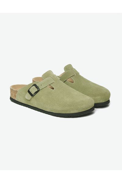 Lemoors Costa Natural Cork Sole Inside and Outside Genuine Suede Leather Green Color Sabo Slippers