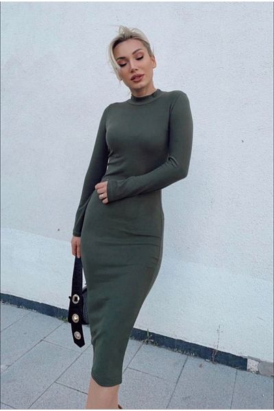 BÜŞRA TEZEL MODA Women's Half Turtleneck Suede Fabric Opportunity Product Midi Length Dress