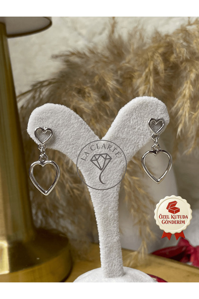 La Clarte Women's Silver Color Double Heart Model Earrings – Elegant and Meaningful Touch