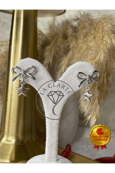 La Clarte Women's Silver Color Bow and Star Model Earrings – Sparkling and Elegant Form