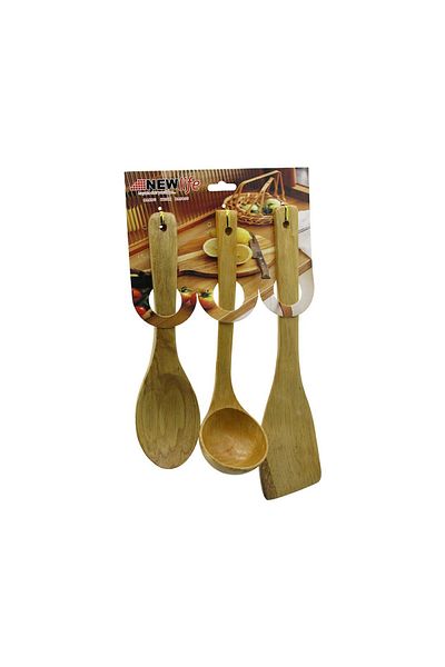 Findit 3Pcs Wooden Bamboo Kitchen Serving Set Spoon=27Cm - Ladder=27Cm - Spatula=32Cm (2818)