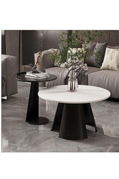 Generic Set of two marble-faced wood and iron coffee tables - black and white