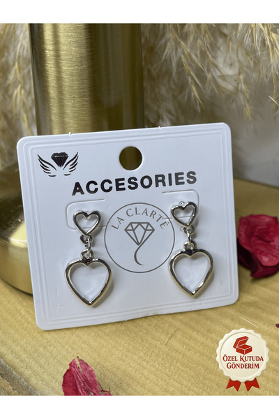 La Clarte Women's Silver Color Double Heart Model Earrings – Elegant and Meaningful Touch