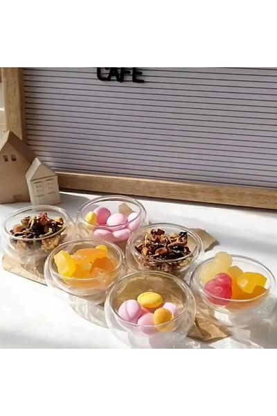 L'Opaline 6-Piece Double Walled Mini Sauce Bowl, Dragee, Turkish Delight, Snack, Heat-Resistant, 6-Piece Borosilicate Sauce Bowl