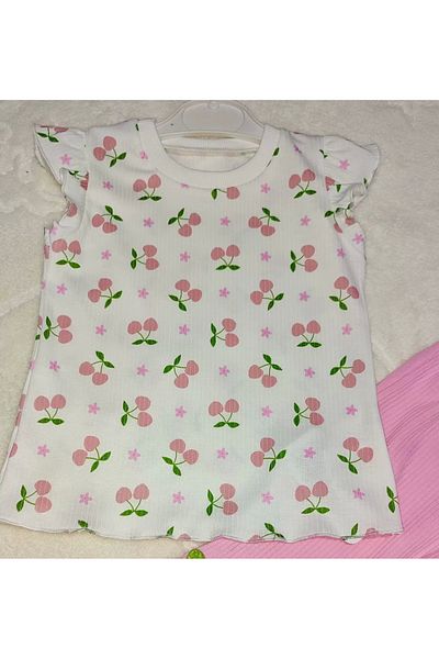 Skygo 1-2-3-4 Years Old Cherry Printed T-Shirt Spanish Long Lycra 2-Piece Girl's Set Pink