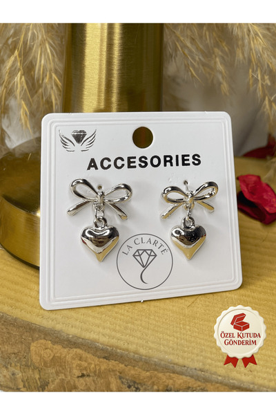 La Clarte Women's Silver Color Bow and Heart Model Earrings – Romantic and Elegant Touch