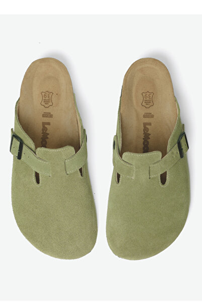 Lemoors Costa Natural Cork Sole Inside and Outside Genuine Suede Leather Green Color Sabo Slippers