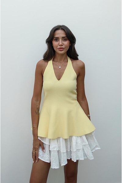 Havoş Yellow Neck Strap Peplum Knitwear Blouse