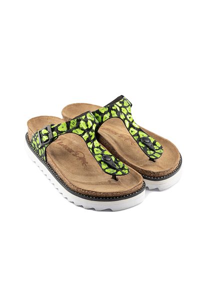 Lemoors Juliana Natural Cork Genuine Leather Platform Flip Flops Green Women's Slippers