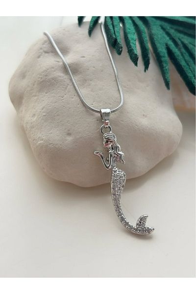 naaksesuar Silver Color Steel Necklace with Mermaid Figure