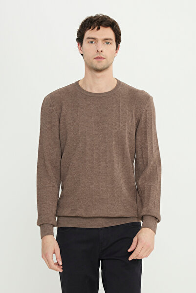 ALTINYILDIZ CLASSICS Ανδρικό πλεκτό πουλόβερ από μαλλί καφέ Standard Fit Regular Cut Crew Neck Jacquard
