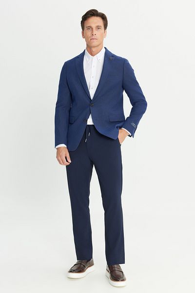 ALTINYILDIZ CLASSICS Men's Navy Blue-White Slim Fit Slim Fit Mono Collar Cotton Patterned Jacket