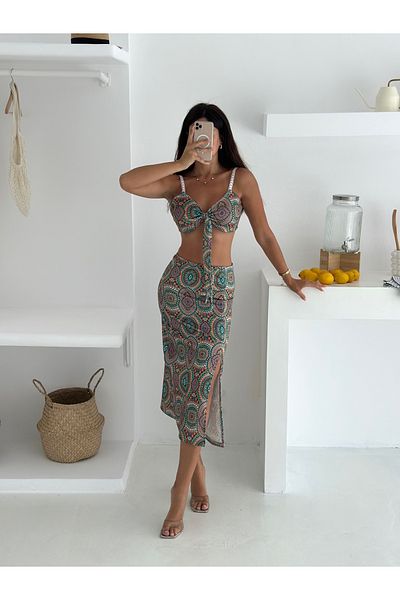 MaxiMor Women's Patterned Lycra Fabric Strap Front Tie Crop and Slit Midi Skirt Set
