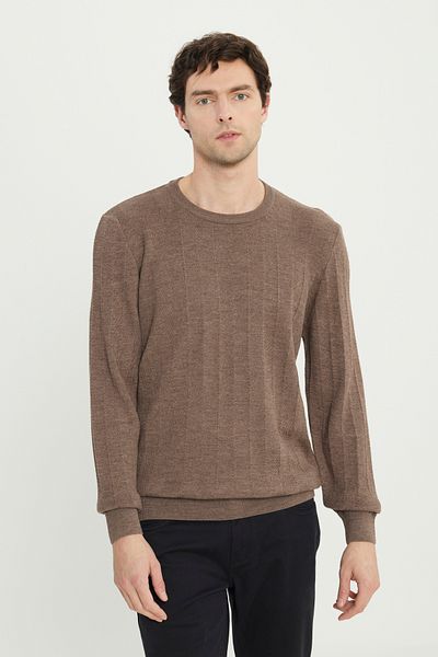 ALTINYILDIZ CLASSICS Men's Brown Wool Standard Fit Regular Cut Crew Neck Jacquard Knitwear Sweater