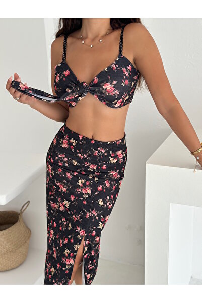 MaxiMor Women's Patterned Lycra Fabric Strap Front Tie Crop and Slit Midi Skirt Set