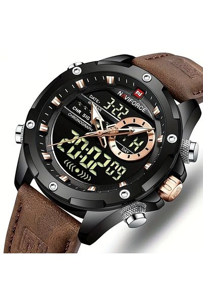 Naviforce Sport Analog-Digital Wrist Watch for Men with Leather Strap Water Resistant Multi-Function