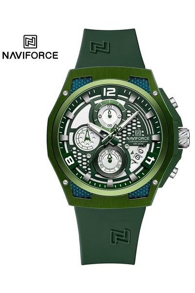Naviforce Sporty Chronograph Watch for Men with Durable Silicone Strap Unique Dial Design Luminous