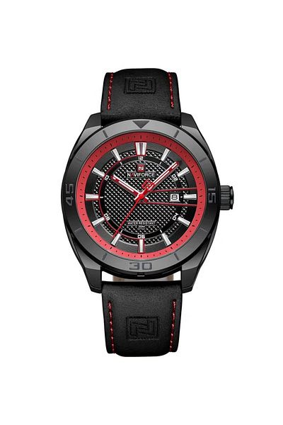 Naviforce Men Black Dial Red Accent Leather Strap Quartz Watch
